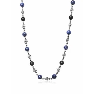 Nialaya Silver / Blue / Black Men's Silver Cross Chain With Matte Onyx & Blue Dumortierite