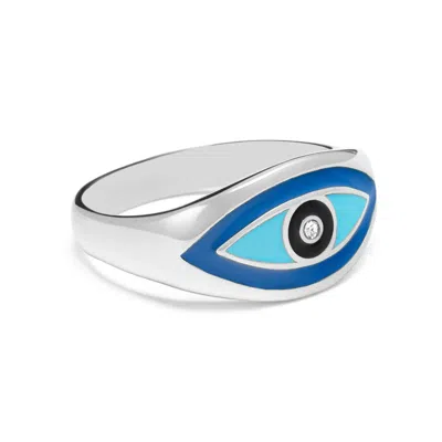 Nialaya Silver / Blue Men's Silver Evil Eye Ring