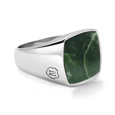 Nialaya Silver / Green Men's Silver Signet Ring With Green Jade In Metallic