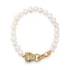 Nialaya White / Gold Men's Pearl Bracelet With Gold Panther