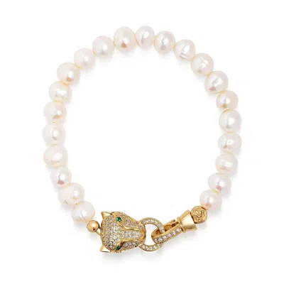 Nialaya White / Gold Men's Pearl Bracelet With Gold Panther In Multi