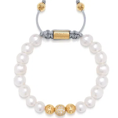 Nialaya White / Gold Women's Beaded Bracelet With White Sea Pearl And Gold