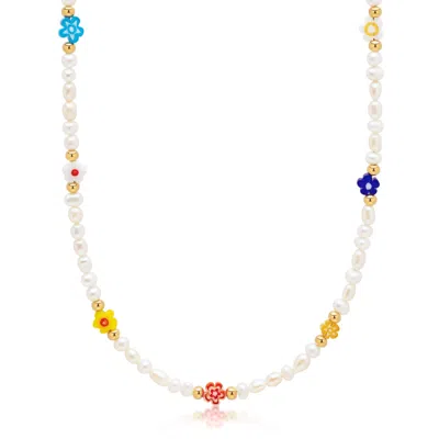 Nialaya White / Gold Women's Pearl Choker With Flower Beads