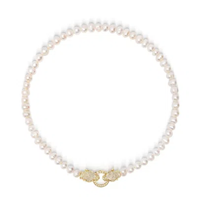 Nialaya White / Gold Women's Pearl Choker With Gold Double Panther Head