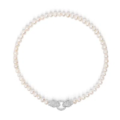 Nialaya White / Gold Women's Pearl Choker With Silver Double Panther Head
