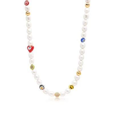 Nialaya White Men's Smiley Face Pearl Choker With Assorted Beads