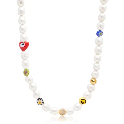 Nialaya White Men's Smiley Face Pearl Choker With Assorted Beads