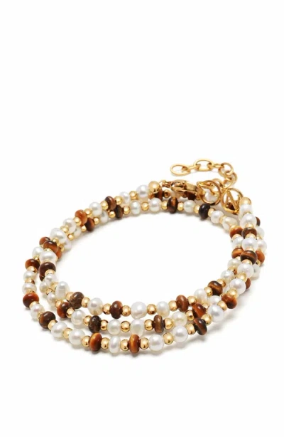 Nialaya White Pearl And Brown Tiger Eye Wrap Bracelet