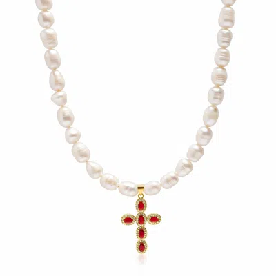 Nialaya White / Red / Gold Men's Baroque Pearl Choker With Red Cross