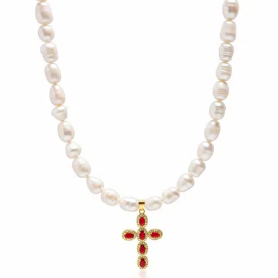 Nialaya White / Red Women's Baroque Pearl Choker With Red Cross In Gold