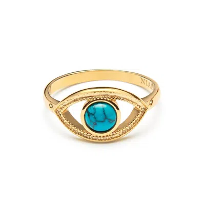 Nialaya Women's Blue / Gold / Green Skyfall Turquoise Evil Eye Ring