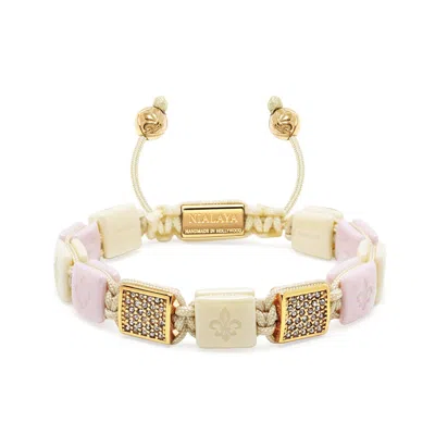 Nialaya Women's Cream & Soft Pink Ceramic Flatbead Bracelet With Gold Cz In Neutral