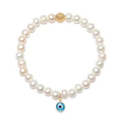 Nialaya Women's Gold / White Wristband With White Pearls And Blue Evil Eye Charm