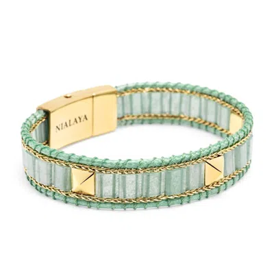 Nialaya Women's Green / Gold Green Aventurine Stud Bracelet