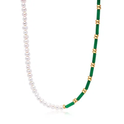 Nialaya Women's Green / White Pearl Choker With Green Agate