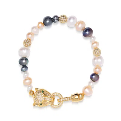Nialaya Women's Multi-colored Pearl Bracelet With Gold Panther Head