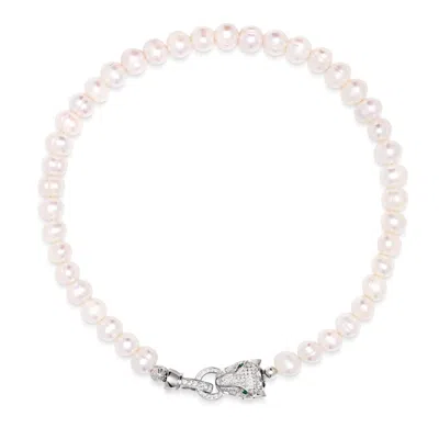 Nialaya Women's Pearl Choker With Silver Panther Head