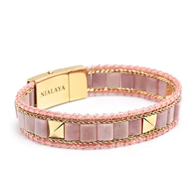 Nialaya Women's Pink / Gold Rhodonite Stud Bracelet