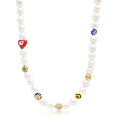 Nialaya Women's Smiley Face Pearl Necklace With Assorted Beads In White