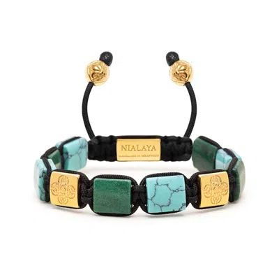 Nialaya Women's Turquoise And Green Jade Flatbead Bracelet With Gold Plated Dorje In Multi