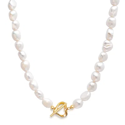 Nialaya Women's White / Gold Baroque Pearl Choker With Heart Clasp