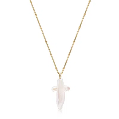Nialaya Women's White / Gold Pearl Cross Chain Necklace