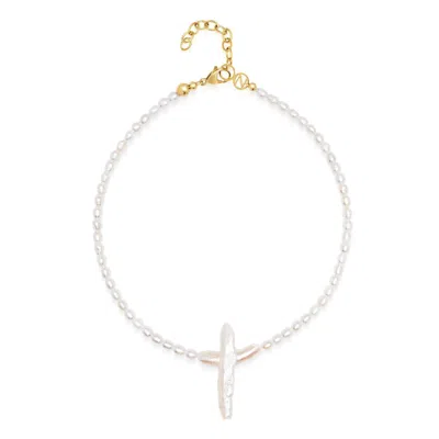 Nialaya Women's White / Gold Pearl Cross Choker