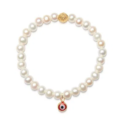 Nialaya Women's White / Gold Wristband With White Pearls And Red Evil Eye Charm