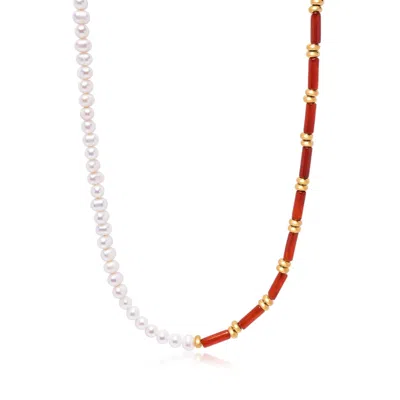 Nialaya Women's White / Red Pearl Choker With Red Agate