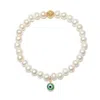 Nialaya Women's Wristband With White Pearls And Green Evil Eye Charm