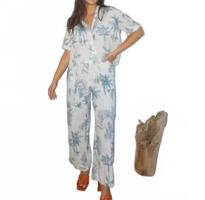 Nibi Brenna Wide Leg Pant In Faded Teal Palms In Blue