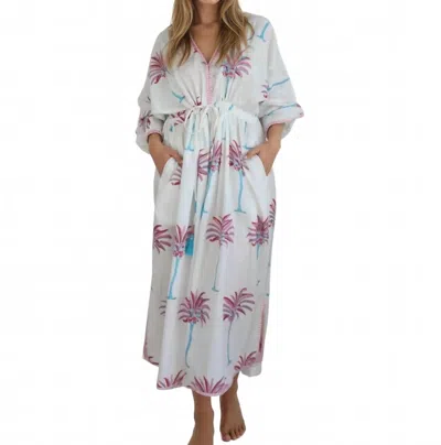 Nibi Mtk Rio Kaftan Dress In Pink/blue Palms In White