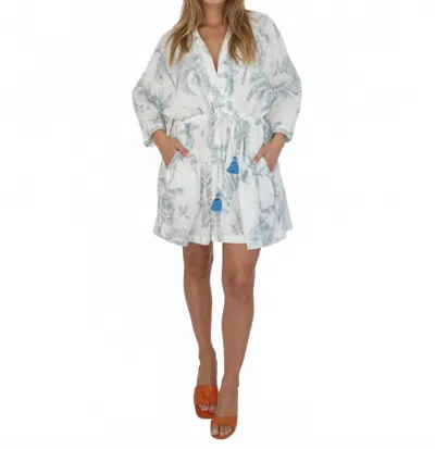 Nibi Mtk Savannah Kaftan Dress In Faded Teal Palms In White