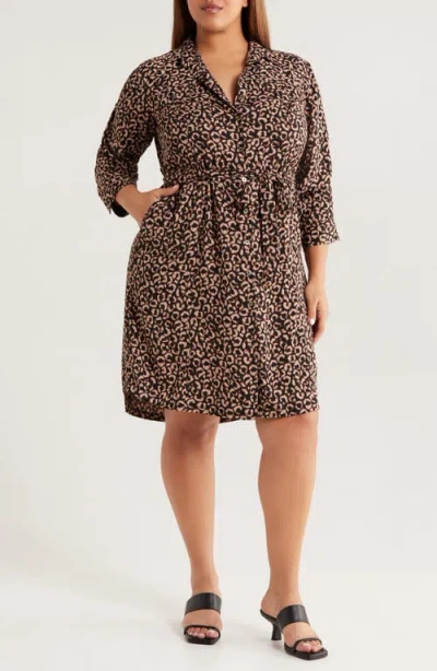 Nic + Zoe Nic+zoe Abstract Animal Print Ruched Sleeve Trench Shirtdress In Brown