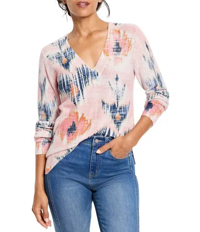 Nic + Zoe Abstract Floral Waffle Stitch V-neck Sweater In Pink Multi
