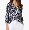 Nic + Zoe Nic+zoe Indigo Angles Split Neck Linen Blend Top In Blue
