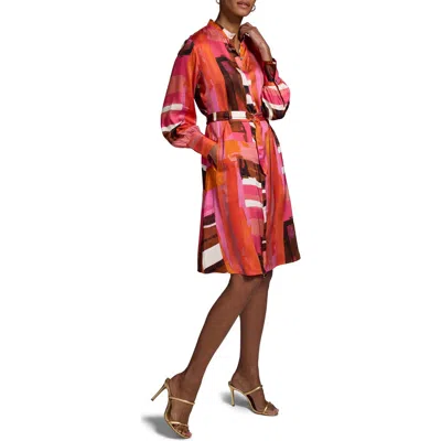 Nic + Zoe Nic+zoe Artful Blocks Glossy Long Sleeve Shirtdress In Orange Multi