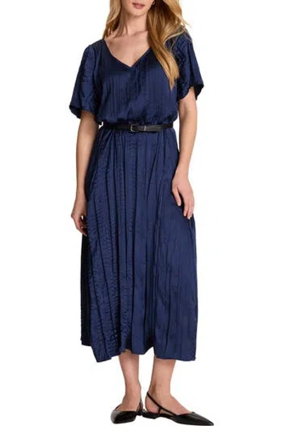 Nic + Zoe Nic+zoe Bella Belted Crushed Satin Midi Dress In Blue