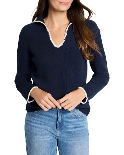 Nic + Zoe Nic+zoe Blanket Stitch Getaway Sweater In Dark Indigo