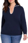 Nic + Zoe Nic+zoe Blanket Stitch Getaway Sweater In Dark Indigo