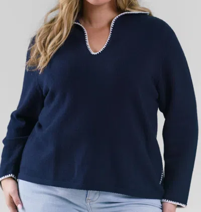 Nic + Zoe Blanket Stitch Getaway Sweater - Plus Size In Dark Indigo In Blue