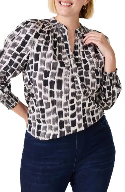 Nic + Zoe Nic+zoe Brushstroke Blues Smocked Cotton Top In Grey Multi