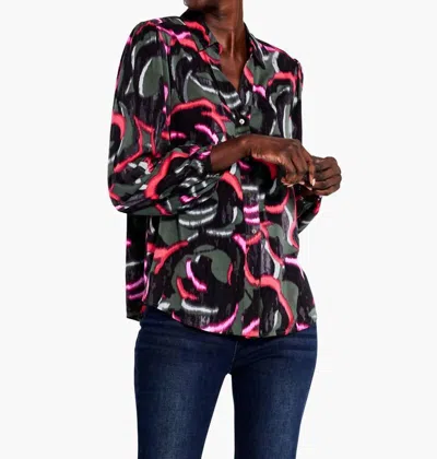 Nic + Zoe Doodle Sleeve Blouse In Olive Green Multi In Black