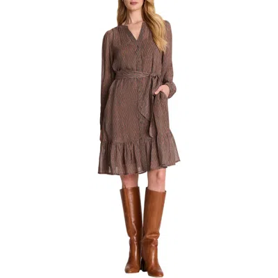 Nic + Zoe Nic+zoe Dotty Chain Long Sleeve Georgette Dress In Brown