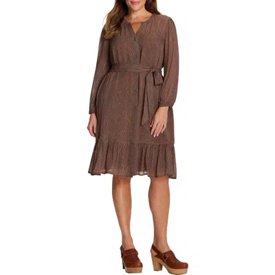 Nic + Zoe Nic+zoe Dotty Tie Waist Long Sleeve Georgette Dress In Brown