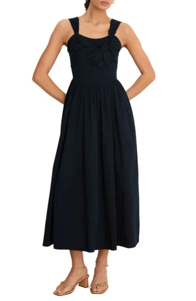 Nic + Zoe Nic+zoe Eloise Floral Leaf Appliqué Stretch Cotton Fit & Flare Midi Dress In Black