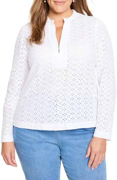 Nic + Zoe Nic+zoe Embroidered Eyelet Split Neck Knit Top In Paper White