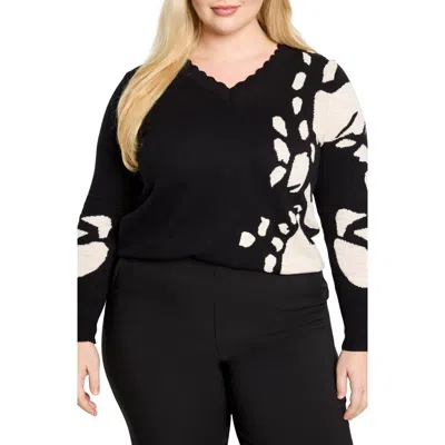 Nic + Zoe Nic+zoe Evening Petal Scallop V-neck Sweater In Black Multi