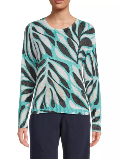 Nic + Zoe Flora Grid Supersoft Sweater In Aqua Multi