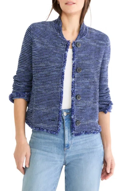 Nic + Zoe Fringe Knit Bomber Jacket In Blue Mix